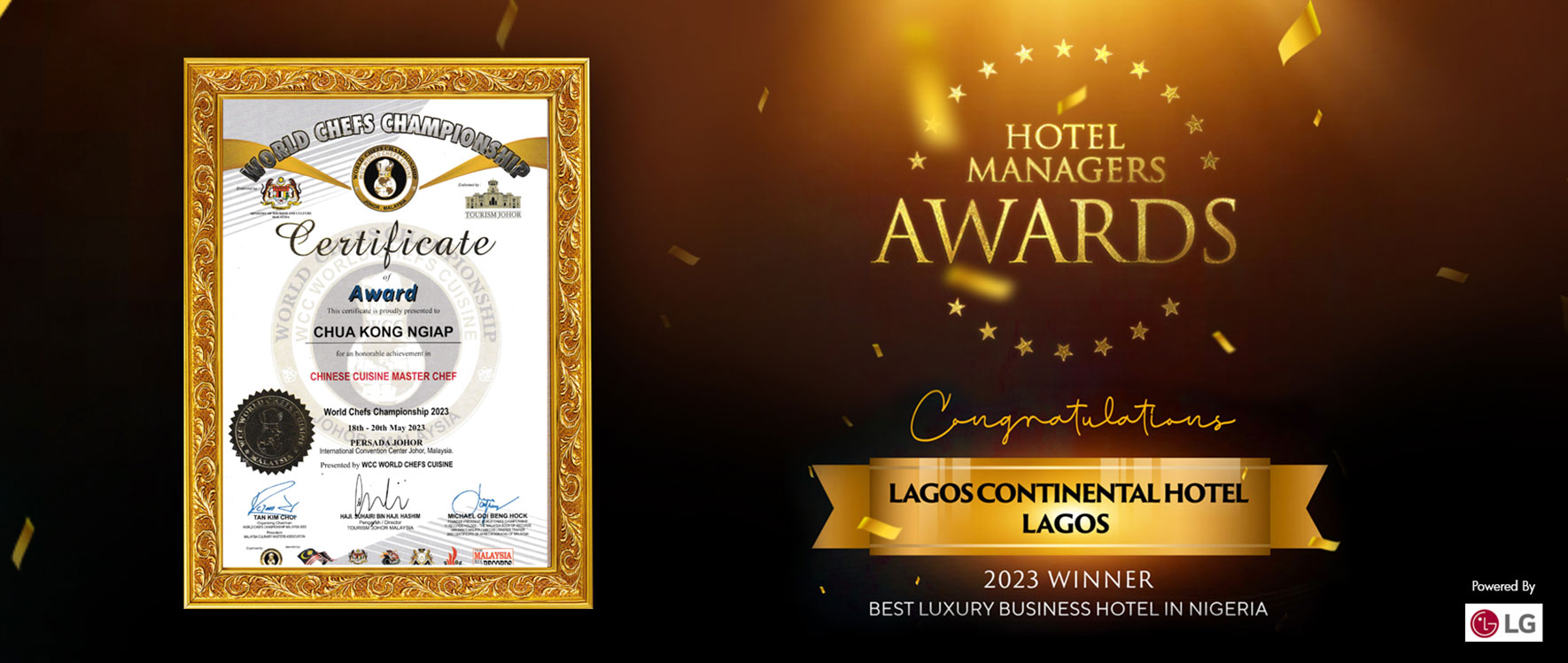 Lagos Continental Wins Two Prestigious Industry Awards for 2023 - Best Luxury Business Hotel in Nigeria at the Hotel Managers Awards and World Chefs Championship 2023 Award for Chef Chua Kong Ngiap
